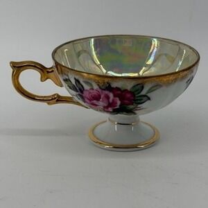 Vintage Iridescent Lusterware Footed Teacup Pink Rose Floral Gold Trim Handle